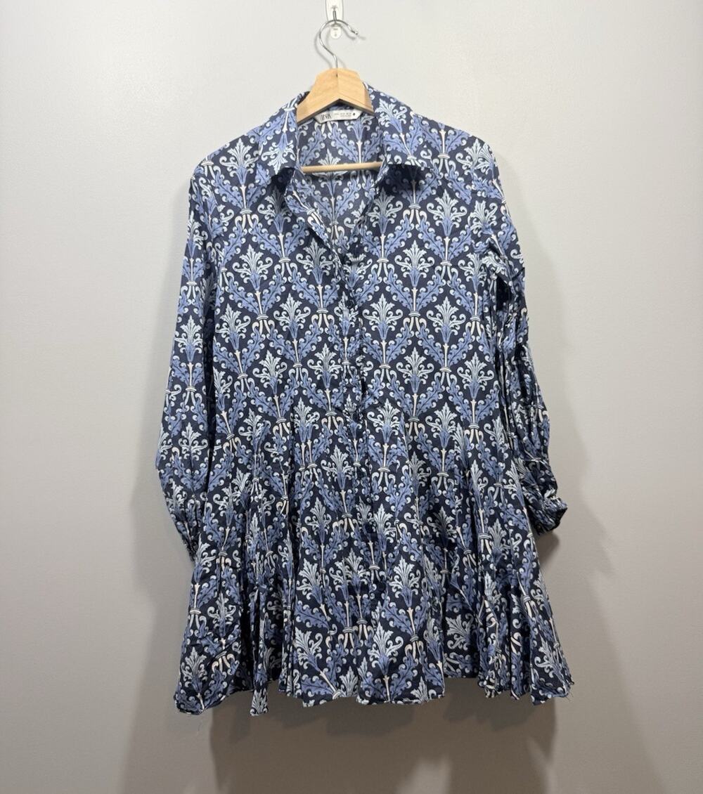 Zara Blue White Floral Collared 3/4 Sleeve Button Mini Dress Women’s M